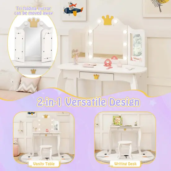 Costway Kids Vanity Set Princess Vanity Table & Chair Set with Lighted Mirror White/Pink/Purple {11}