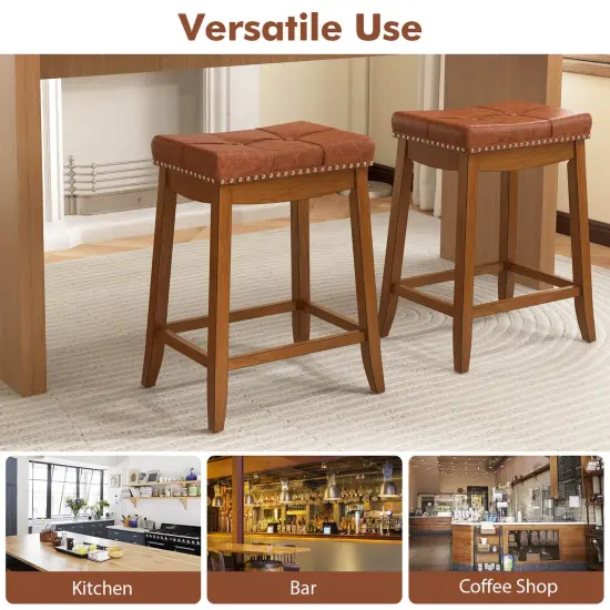 Costway Saddle Bar Stools Set of 2/4 with PU Leather Seat Solid Rubber Wood Frame Footrest {5}