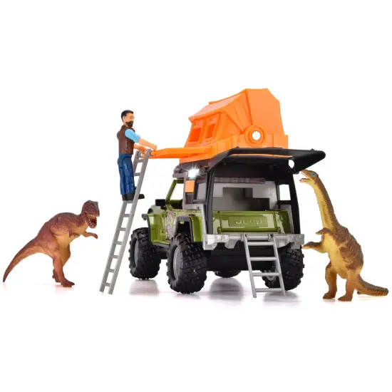 Dickie Toys: Jeep Dino Camper Set - Green & Orange - Light & Sound Toy Vehicle w/ Trailer, Action Figure & 2 Dinosaurs, Licensed, Kids Ages 3+ {4}