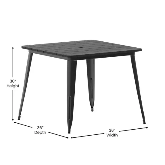 Merrick Lane Dryden Indoor/Outdoor Dining Table with Umbrella Hole, 36" Square All Weather Poly Resin Top and Steel Base BrownTop/BlackFrame {11}