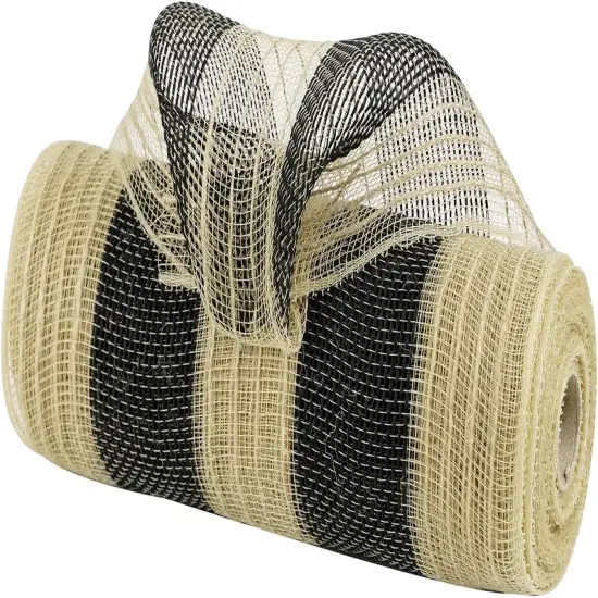 Jute Deco Mesh 10 Inch Jute Mesh Ribbon Natural and Black Wide Stripe Poly Mesh Ribbon {1}