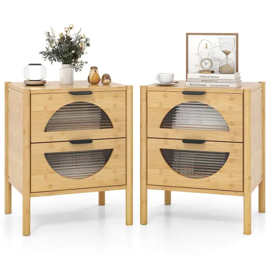 Costway 1/2 PCS Bamboo Nightstand with 2 Storage Drawers & Reeded Tempered Glass Fronts Bedroom {1}