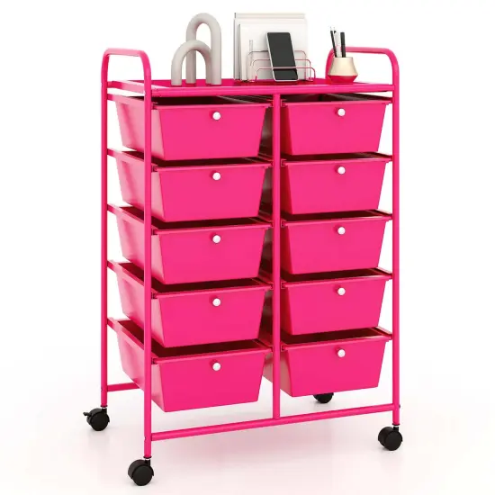 Costway 10-Drawer Storage Cart Utility Rolling Trolley Kitchen Office Organizer Black/Clear/Macaron/Grey/Black Gardient/Multicolor/Pink/RainbowithWhite/Hot Pink/Skin Pink/Purple {10}