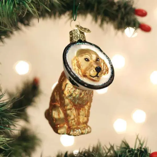 Old World Christmas 3.25 In Cone Of Shame Dog Tree Ornament , Puppy Surgery Healing Tan {3}