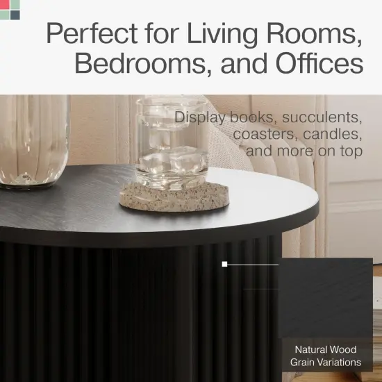 Round Fluted Accent Table - Pedestal Drink Desk - Modern Home, Bedroom, and Living Room Furniture - Small Round End Table with Solid Wood X-Base and Wood Veneer Top (Blackened Oak) {4}