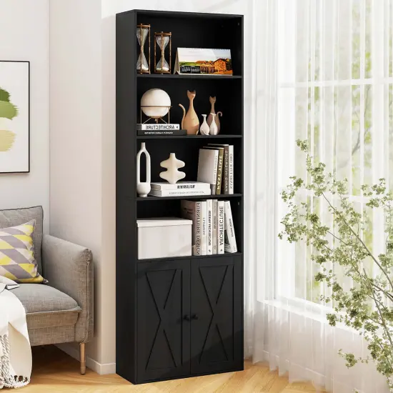 Costway 71" Farmhouse Bookcase with Doors with 6 Shelves & 2-Door Cabinet for Bedroom White/Black {9}