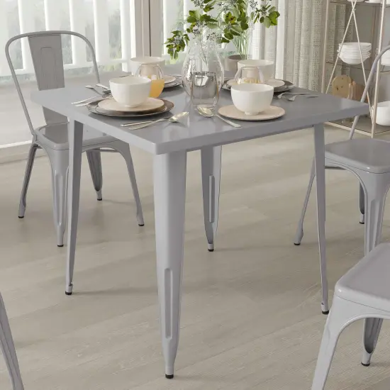 Merrick Lane Nash 31.5" Square Metal Table for Indoor and Outdoor Use Silver {3}