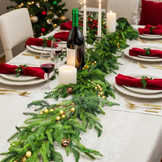 6 FT Norfolk Pine Garland, Christmas Green Artificial Real Touch Cedar Garland, Faux Cedar with Lights, for Table, Wall, Fireplace Indoor Outdoor Decor {3}