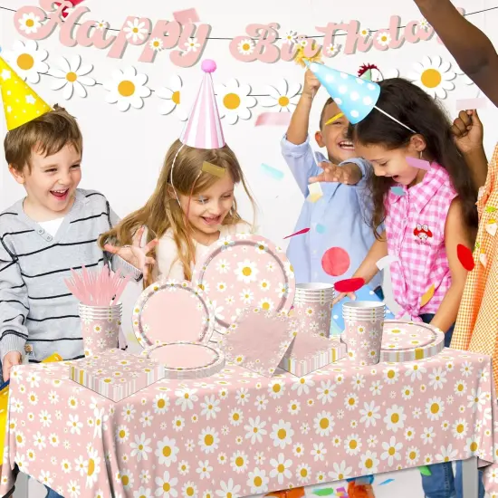 142PCS Daisy Birthday Party Tableware Set,Pink Groovy Daisy Flower Supplies Include Daisy Plates and Napkins Cup Tablecloth Banner for Retro Theme Hippie Girl Birthday Baby Shower Wedding Supplies {3}