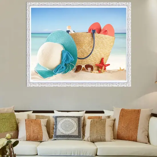 Sea Beach Diamond Painting Kits for Adults,Seaside Landscape Diamond Art,Blue Sky, White Clouds and Sandy Diamond Painting Scenery,Hat and Bag Diamond Painting Wall Decor 12x16in {4}