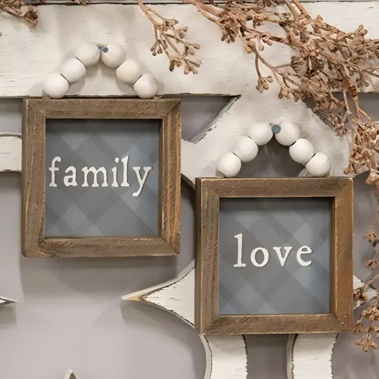 2 Asstd. Love and Family Plaid Wooden Signs with Beaded Hangers Ready to Hang {2}
