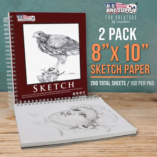 8"x10" Sketch Book Pad, 2 Pack (100 Sheets Each), 60lb (100gsm) Spiral Bound - Sketching, Drawing Pad, Acid-Free Paper - Sketch Pads For Adults, Students: Colored Pencils, Charcoal {2}