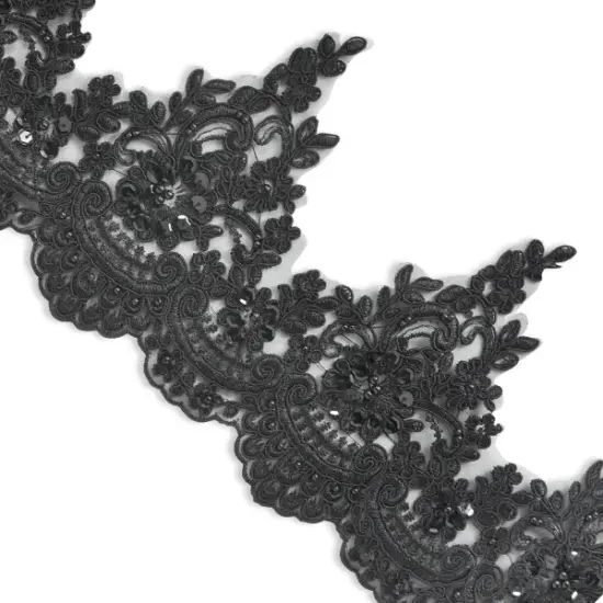 5 yards of Marie Embroidered Organza Lace Trim with Pearls and Sequin | 5 yard cut Black {1}