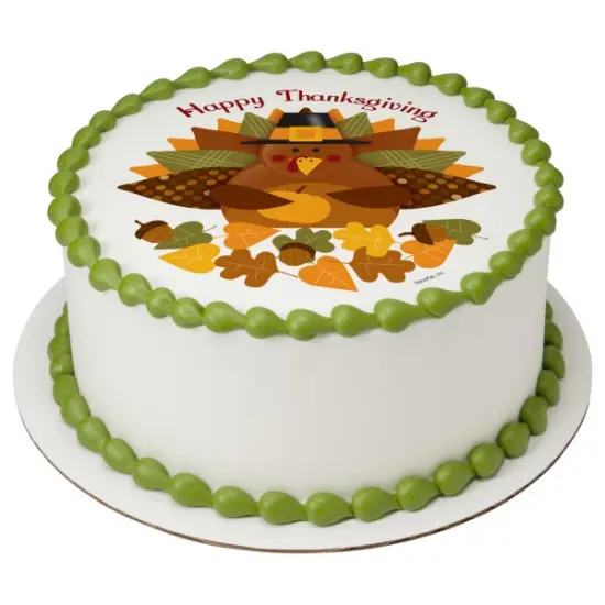 Happy Thanksgiving Turkey Pilgrim Hat and a Pumpkin Edible Cake Topper Image 8in Round {1}
