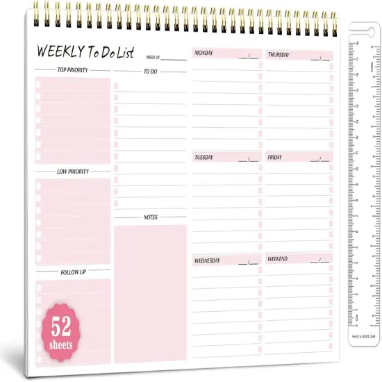 Weekly To Do List Notepad - 52 Undated Sheets Weekly Planner A4 Size（8.5"&times;11"）Spiral Desk Checklist Notebook with Ruler Storage Pocket Perfect for Office Home School Teacher Supplies - Pink {1}