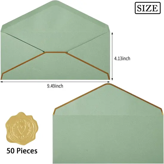 50 Pack #10 Business Envelopes with Gold Border, Self Seal Standard Envelopes with Gold Stickers for Office, Checks, Letter Mailing, Invoices, 4 1/8 x 9 1/2 Inches (Sage-Green) {2}