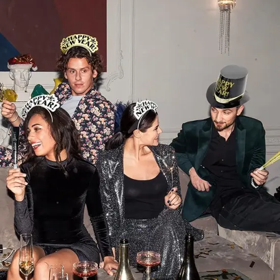 4E's Novelty New Year&rsquo;s Eve Party Supplies 2025 Kit for 10 &ndash; 5 Black Top Hats, 5 Glitter Tiaras, 5 Party Horns & 5 Fringe Noise Makers &ndash; Gold & Silver NYE Accessories for Countdown Party & Photo Props {4}
