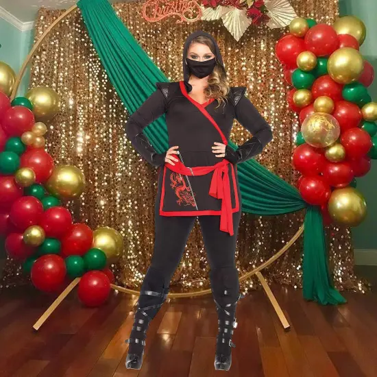 4 Pieces Ninja Assassin Costume, Black & Red Stealth Warrior Outfit {1}