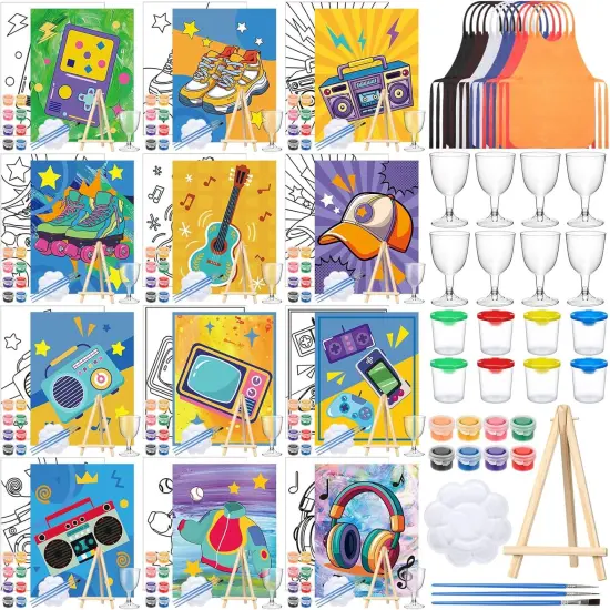 96 Pcs 12 Sets Pre Drawn Canvas Kit for Painting Craft Sip and Paint Kit for Adults 8 x 10 Inches(Retro) {1}