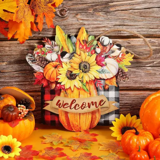 Fall Floral Welcome Sign Thanksgiving Wooden Hanging Door Sign(Gold, Red, and White) {3}