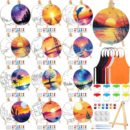 96 Pcs Pre Drawn Canvas Kit for Painting Kids Adults Sip and Paint Kit 5.9 Inch Round Pre Printed Canvas Painting white {1}