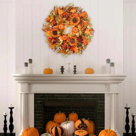 24" Fall Wreaths with Pumpkins, Sunflowers, Daisies, and Berries {5}
