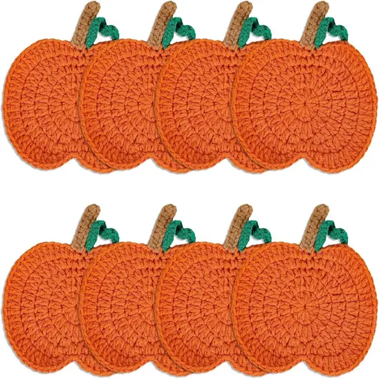 8Pcs Fall Pumpkin Coasters Handmade Crochet Drink Coaster {1}