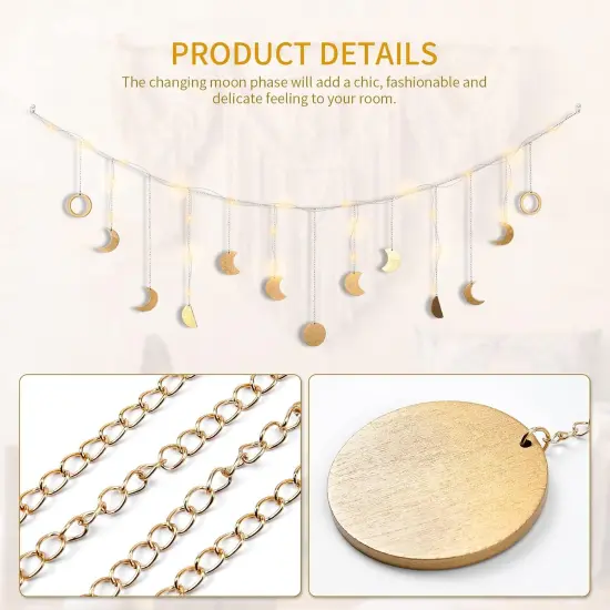 13 Gold Wood Boho Wall Hanging Decor Mood Garland 56'' - Celestial Phases Moon Decor {3}
