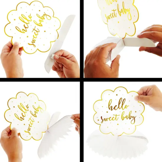 Sparkle and Bash Hello Sweet Baby Table Centerpieces, Honeycomb Gender Neutral Baby Shower Decorations (White and Gold Foil, 6 Pack, 3 Designs) {5}