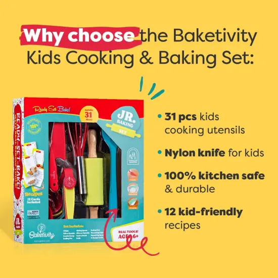 Baketivity 31 Pcs Kids Cooking & Baking Set with Kids Knife & Real Cooking Utensils - Kid Safe Knife & Cooking Tools - Kids Baking Set Gift for Girls & Boys Including Nylon Knife for Kids {2}