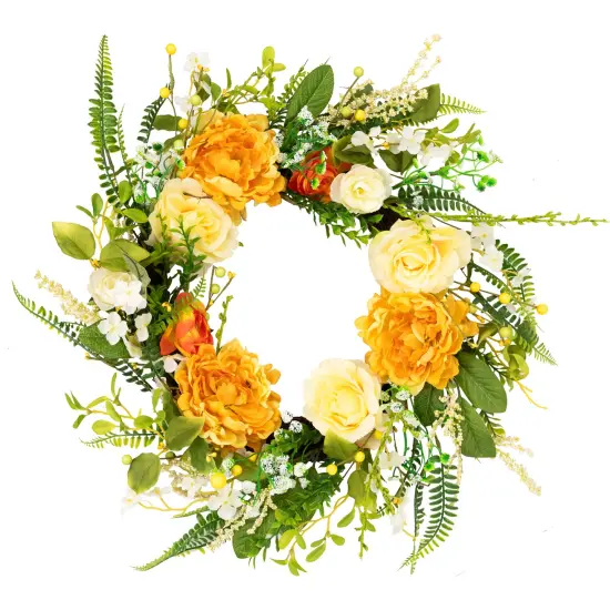 Northlight Hydrangea and Rose Artificial Floral Wreath - 24" - Yellow {3}