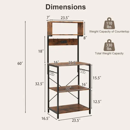 Rustic Brown 5-Tier Shelves Countertop Kitchen Baker's Rack with Power Outlets and Hooks {3}