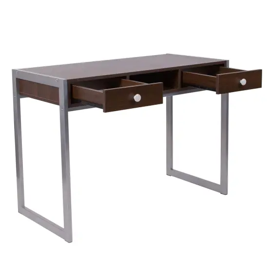 Emma and Oliver Dark Wood Grain Finish Desk with Two Drawers and Silver Metal Frame {5}