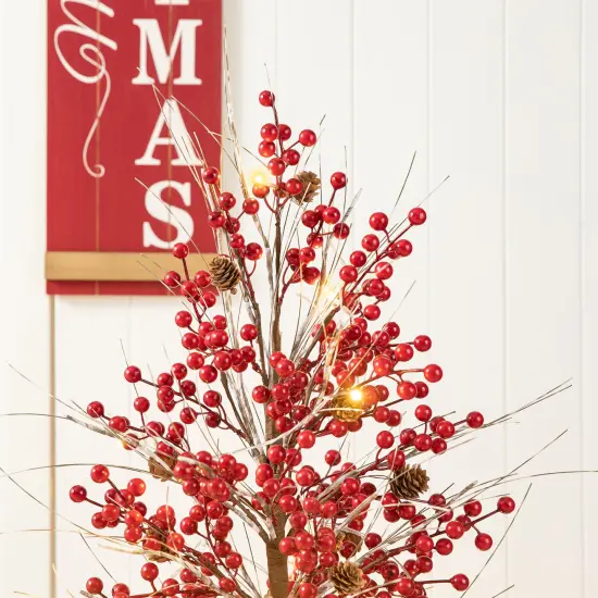 Set of 2 36''H Christmas Lighted Berry Pine Cone Urn Porch Trees With Timer Red {6}
