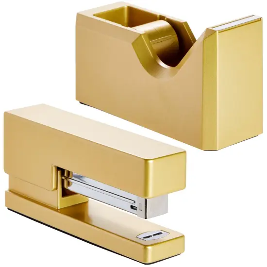 2 Piece Matte Gold Stapler and Tape Dispenser Set for Home Office Decor, Classroom Supplies, Desk Accessories for Dorm Room, Students, Teachers, Office Organization {1}
