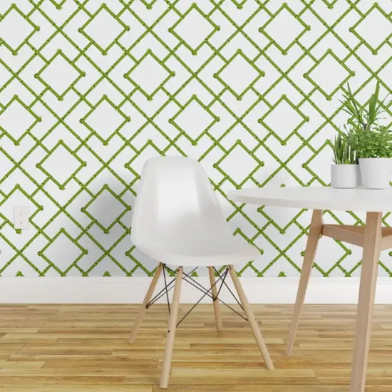 Pre-Pasted Wallpaper 2FT Wide Chinoiserie Spring Green Classic Geometric Custom Pre-pasted Wallpaper by Spoonflower {1}