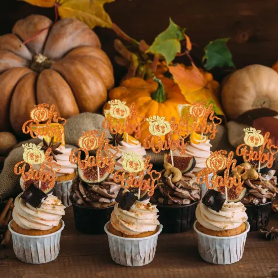 24Pcs Pumpkin Oh Baby Cupcake Toppers Glitter Pumpkin Themed {3}