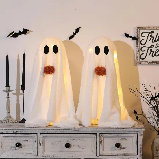 -2 Pack Light-Up Sherpa Ghosts with Pumpkin Halloween Decor {4}
