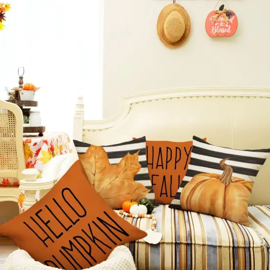 Set of 4 Fall Pumpkin and Maple Leaves Striped Pillow Covers 20 x 20 Inch {5}