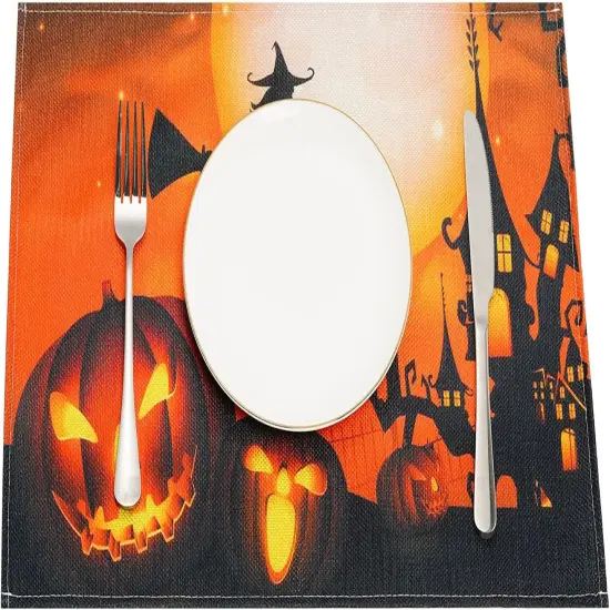 4 Pack Halloween Placemats Set Witch Pumpkin Washable Table Place Mats(Multicolor) {6}