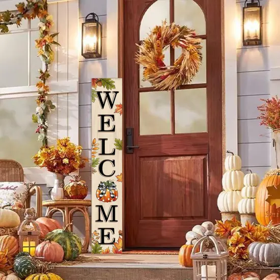 Welcome Sign 47 inch Autumn Pumpkin Vertical Wooden Porch Sign Front Door(White) {4}