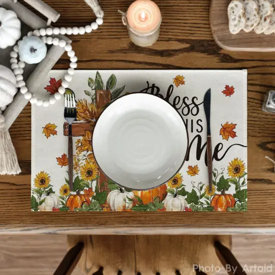 Set of 4 Cross Pumpkins Fall Placemats - 12x18 Inch (Beige) {2}