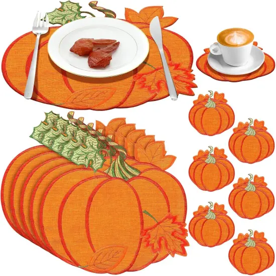 12 Pcs Fall Pumpkins Placemats and Coaster Set of 6 {1}