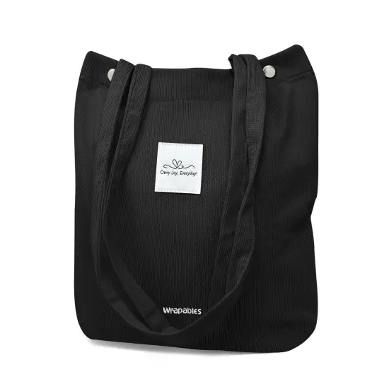 Wrapables Carry Joy Corduroy Tote Bag, Casual Shoulder Handbag, Black {1}