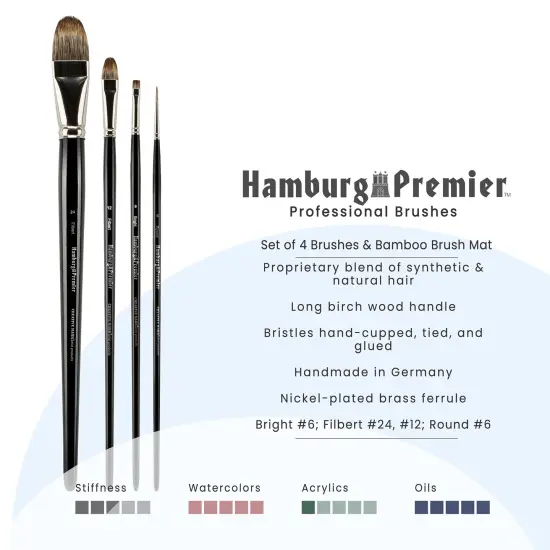 Creative Mark Hamburg Premiere Professional Oil Painting Brushes - Large Asst Set of 5 Handmade Oil Paint Brushes w/ #24 Filbert - Natural & Synthetic Blend, Long Triple-Lacquered Birch Handle {3}