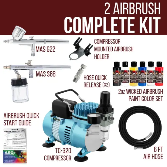 Multi-Purpose Airbrushing Kit with Cool Runner II Dual Fan Air Compressor, Air Hose & 6 Wicked Createx Colors {2}