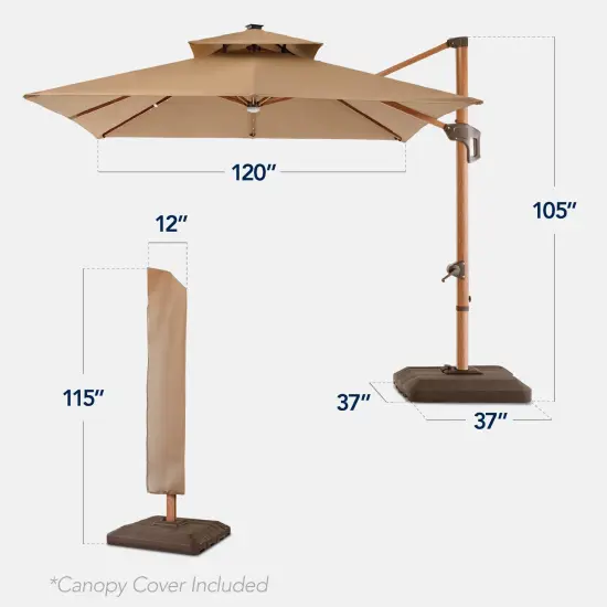 Best Choice Products 10ft Square Woodgrain Pattern 2-Tier Outdoor Solar LED Cantilever Umbrella w/ Base Tan {2}