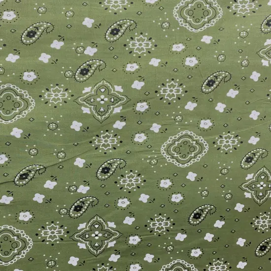 1 Yard Olive Green Paisley Bandana Print Poly Cotton Fabric 59/60 Inch Wide {1}