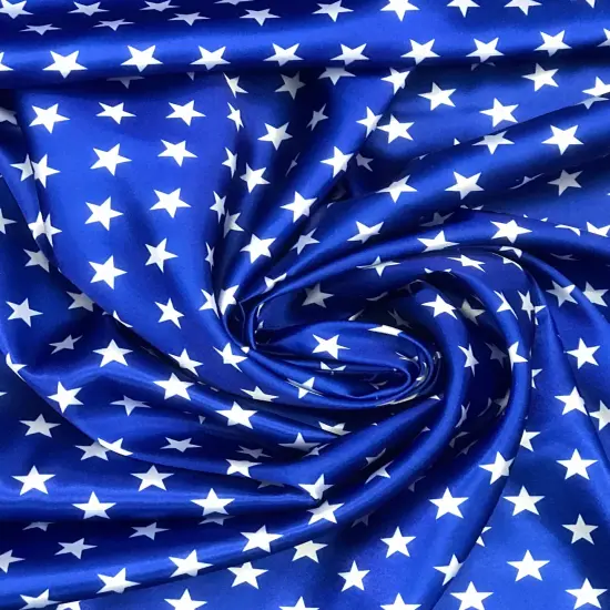 1 Yard White Star Charmeuse Satin Fabric Royal Blue Background Shiny Non Stretch Polyester 60 Inch Width {1}