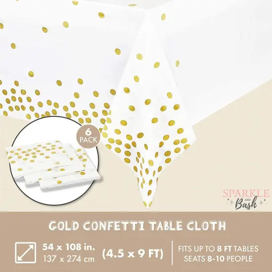 6 Pack Plastic White and Gold Tablecloth with Gold Polka Dot Confetti, Rectangular Party Table Covers (54 x 108 in, 6 Pack) Multicolor {2}